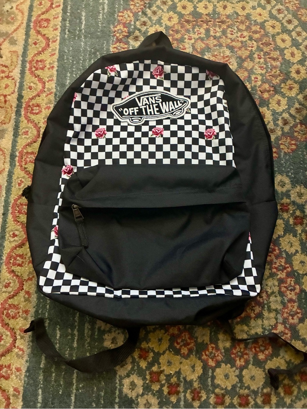 Vans Black White Checkerboard Backpack with Pink Rose Accents